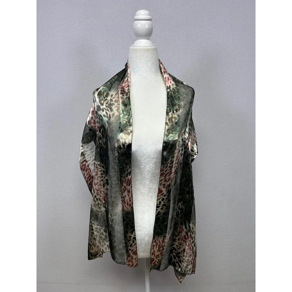 Boho Chic Animal Print Womens OS Green Brown Sheer Rectangular Scarf